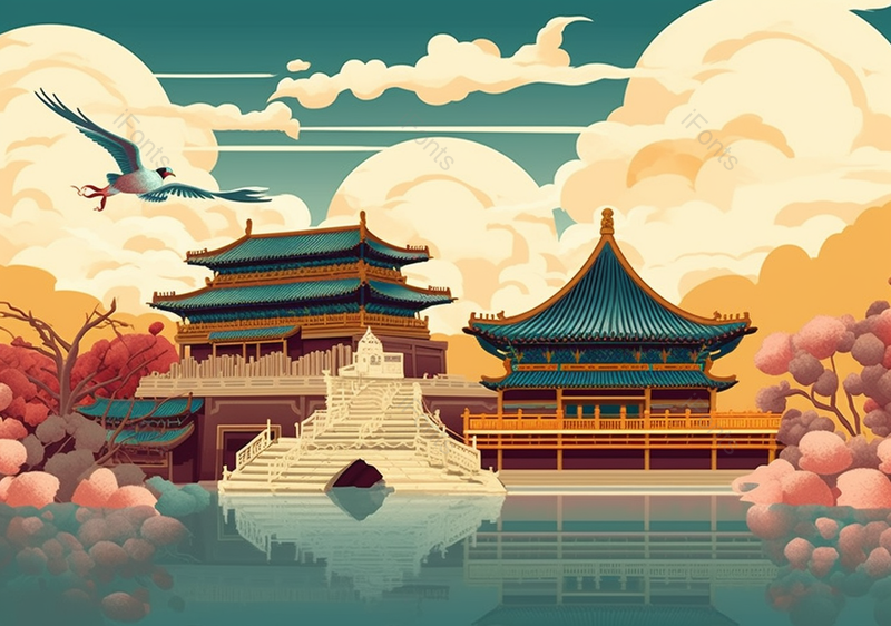 国潮古建筑祥云背景插画手绘图,插画/手绘图,插画/手绘图库,插画/手绘图下载,插画/手绘